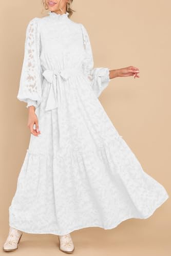 MITILLY Women's Fall Dresses Elegant Floral High Neck Long Sleeve Elastic Waist Formal Maxi Dress with Belt4