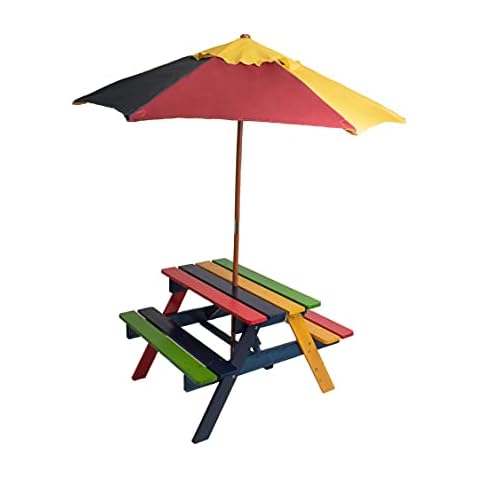 Relsy Kids Outdoor Picnic Bench, Fir Wood Garden Furniture Table Set - 2 x Dining Bench, Picnic Table & Folding Umbrella - 4 Seater Kids Table Patio Furniture Cover