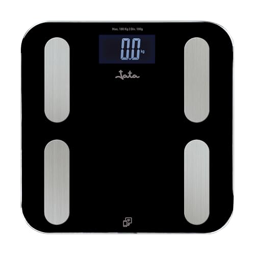 Jata 593 - Báscula de Baño Digital Grasa Corporal, Pantalla LCD, Alta precisión, Capacidad de 180 kg, Plataforma de Vidrio, Apagado Automático, Báscula Bluetooth Inteligente con App, Negro