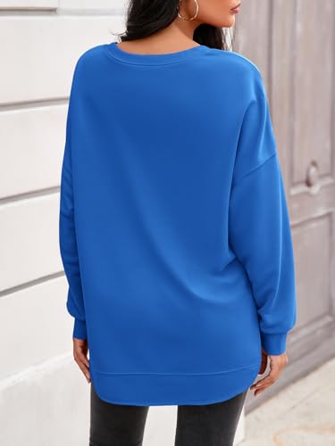 Fisoew Pullover Damen Rundhals Langarm Sweatshirts Seiten Schlitz Langarmshirts Elegant Basic Pulli Loose Tunika Tops Casual Oberteile Dunkelblau XL