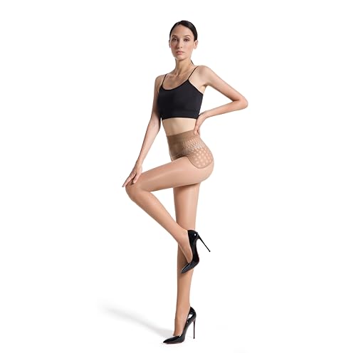 Image of Frola Oil Shiny Stockings Pantyhose 360Seamless Crotch High Waist Smooth Tights for Women (Large, Brown-Hollow)