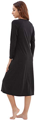 WiWi Bamboo Cotton Nightgowns for Women Soft Long Sleeve Loungewear V Neck Sleepwear Plus Size Nightshirts S-3X, Black, Large