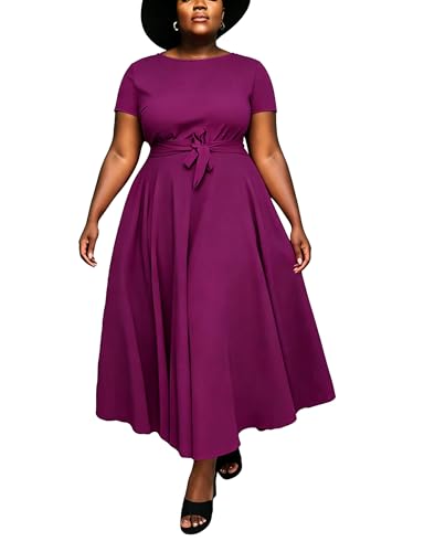 Image of Hostoyo Women Plus Size Formal A Line Maxi Dress Self Tie Waist with Pockets Elegant Round Neck Swing Long Dresses