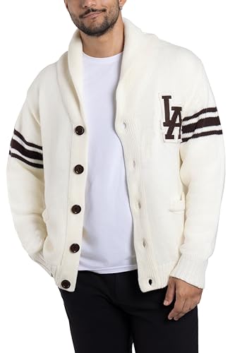 X RAY Mens Cardigan Sweater, Shawl Collar Letterman Varsity Button Down Cardigan Sweaters for Men, Cream, Large