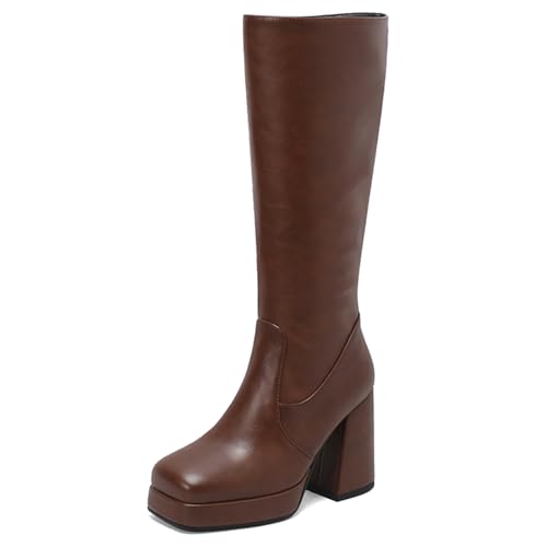 Womens Square Toe Knee High Boots Block High Heels