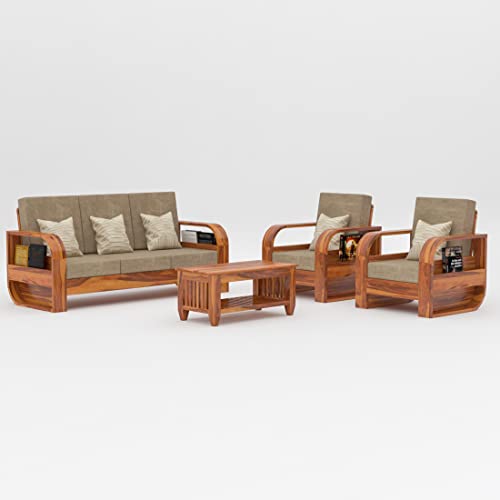 Image of Douceur Furnitures Solid Sheesham Wood 5 Seater Sofa | Five Seater Sofa Set with Coffee Table for Living Room, Cafe, Office | (Honey Teak Cushion Matte)