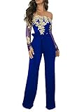 Ophestin Women Sexy Off Shoulder Floral Lace Long Sleeve Bodycon Wide Leg Jumpsuits Rompers with Belt Golden Blue XXL