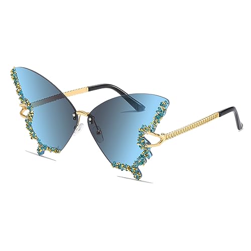 YAMEIZE Diamond Butterfly Rimless Sunglasses - Trendy Crystal Rhinestone Butterfly Eyewear UV Protection for Women Men Party