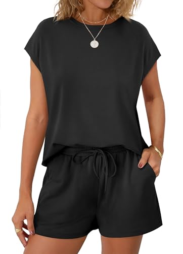 Image of WIHOLL Two Piece Sets for Women Summer Crew Neck Lounge Short Sets Cap Sleeve Drawstring Sweatsuit with Pocket