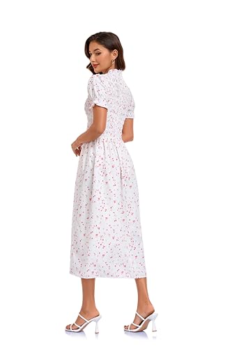 Image of RIHOAS Plaid Gingham Midi Dress Short Sleeve Smocked Dresses for Women | Cotton,Ruffle Puff Sleeves,Vintage Brown,Spring Summer Casual Daily,Picnic,Travel,Vacation,Christmas Festive Occasions