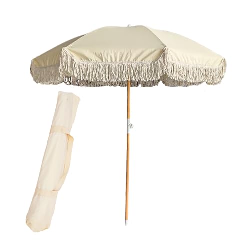 Sombrilla para playa y piscina beige con flecos decorativos