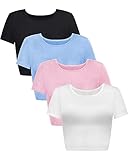 4 Pack Women's Basic Tight Short Sleeve Women Cute Trendy Crop Tops Scoop Neck Crop for Women or Teen Girls (Black, White, Pink, Blue,Medium)