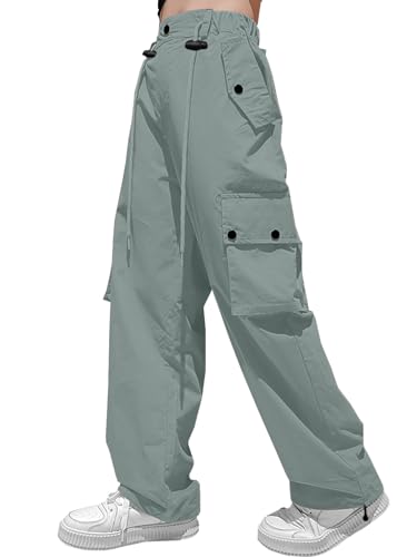 Image of HENGAO Girls Cargo Pants Parachute Casual Jogger Y2K 5-14 Years | Kids Baggy pants Parachute, Drawstring, with Pockets, Elastic High Waist, Loose Trousers Streetwear