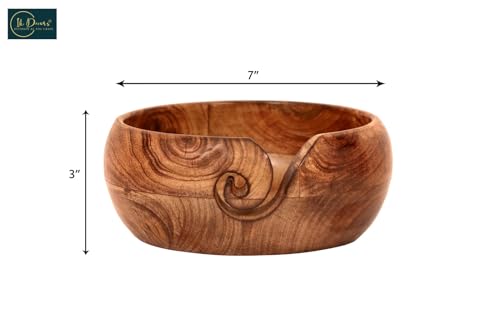 Image of Artisan Mango Wood Yarn Bowl - Tangle-Free Knitting & Crochet Gift with Leather Accent & Portable Design - Handcrafted for Crafters (7x7x3in)