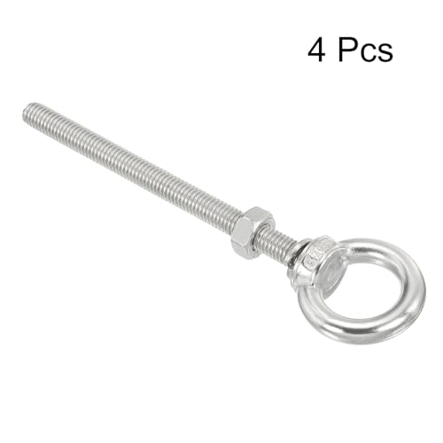 Image of uxcell M8x100 5 /16 inchx4 inch Stainless Steel Eye Bolts Threaded Screw Eyebolt Shoulder Ring with Nuts Washers for Lifting Hanging, 4 Set