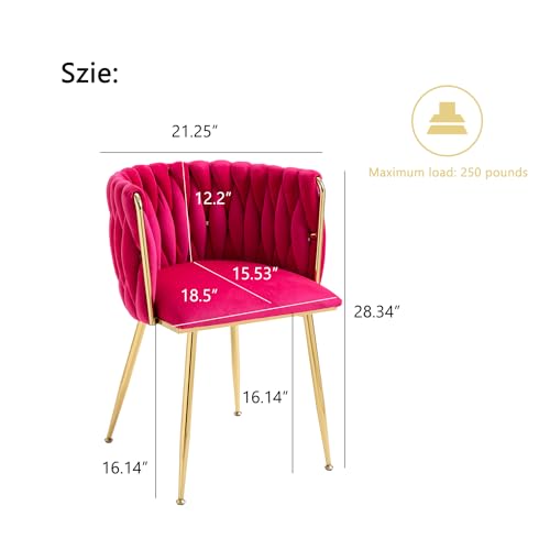 Nrizc Woven Dining Chairs Set of 2, Velvet Upholstered Dining Chairs with Gold Metal Legs, Modern Accent Chairs for Living Room, Dining Room, Kitchen (Rose Red)