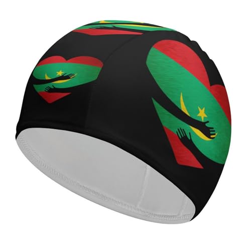 Gorro de baño con la Bandera de Mauritania y corazón para Hombre y Mujer, Impermeable, para Cabello Largo y Corto.
