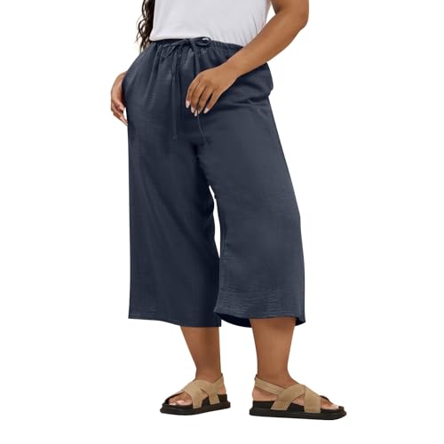 Plus Size Cropped Linen Pants Women Wide Leg Flowy Beach Pants with Pockets Lightweight Lounge Trousers