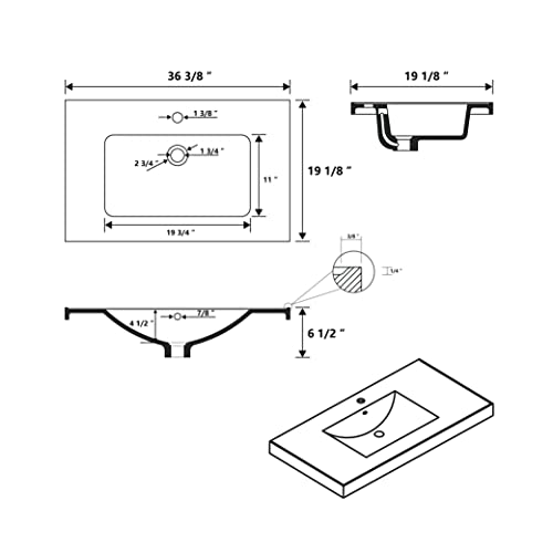 Jpnd 36" White Bathroom Integrated Sink/Countertop, Drop-In Self-Rimming Rectangular Bathroom Vanity Sink Top, 36.38"W X 19.13"D X 6.5"H #TOP2
