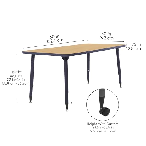 Image of Adapte Commercial Classroom Activity Table - 30 inch x 60 inch Rectangle, ADA Compliant Tapered Legs with Glides & Casters, Adjustable Height 22-34 inch Wheelchair Accessible, School & Office Furniture