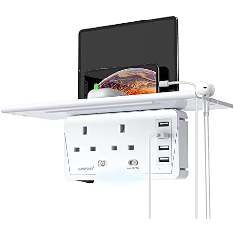 Plug Extension with 4 USB Charging Port Multi 2 Plug(3 Pin)Adapte Smart Night Light, Removable Shelf, Surge Protector for High-Power Electrical,Short Circuit Protection Adapter for Phones Cover