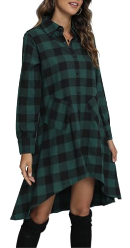 olrain Womens Plaids V Neck Long Sleeve Irregular Hem Casual Shirt Dress (Medium, Green) - image 4