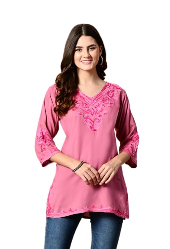 Image of LIBOZA Embroidered Kashmiri Tunic Top, Short Kurti for Women on Jeans, V-Neck, 3 /4 Sleeve, Floral Design,