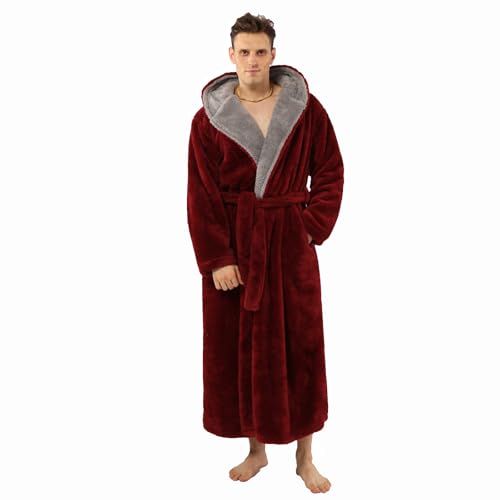Men's Soft Fleece Plush Robe with Hood Super Warm Luxury Winter Full Length Long Soft Bathrobe