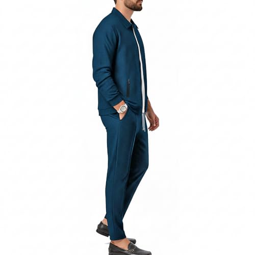 Image of Jawdrobe Men's Zipper-Check Co-Ord Set | Self-Textured Collar Top | Drawstring Jogger Pants | Cotton-Blend Loungewear Night-Suit | Mans Casual Travel Two-Piece
