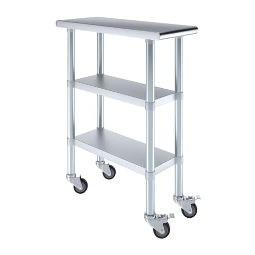 Image of AmGood Stainless Steel Work Table with 2 Shelves and Casters | Metal Utility Table On Wheels (Stainless Steel Work Table with 2 Shelves + Casters, 12 inch Long x 30 inch Deep)