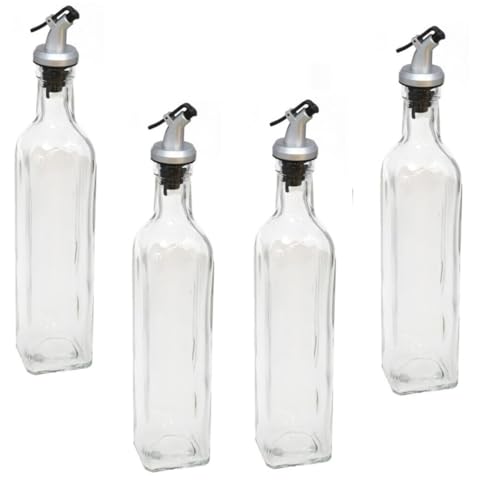 pcmoviles – Set de 4 Aceiteras LIVORNO y Vinagreras Antigoteo de 500 ml | Cristal y Acero Inoxidable | Dispensador de Aceite de Oliva y Vinagre para Cocina