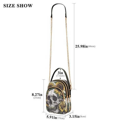 ALAZA Quilted Crossbody Bags for Women,Skull with Sunflowers Women's Crossbody Handbags Small Travel Purses Phone Bag3