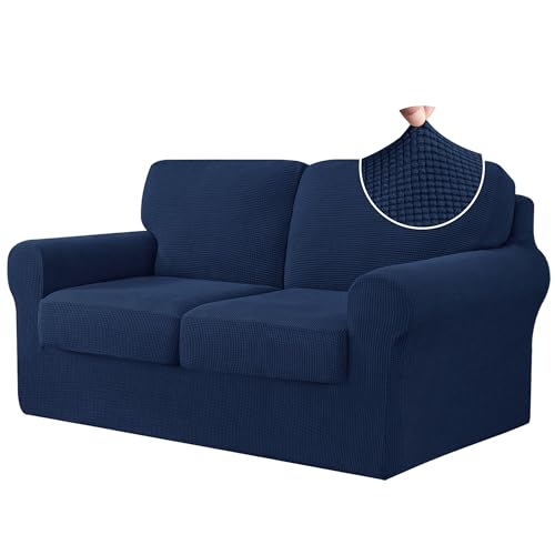 CHUN YI 5 Piece Stretch Loveseat Sofa Cover, 2 Seater Couch Slipcover with Two Separate Backrests and Cushions with Elastic Band, Checks Spandex Jacquard Fabric(Medium,Dark Blue)