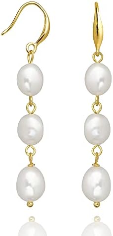 Long Pearl Earrings for Women 14K Gold Plated Sterling Silver Baroque Pearl Dangle Drop Earrings With Elegant Hook (Drop)