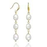 Long Pearl Earrings for Women 14K Gold Plated Sterling Silver Baroque Pearl Dangle Drop Earrings Wit