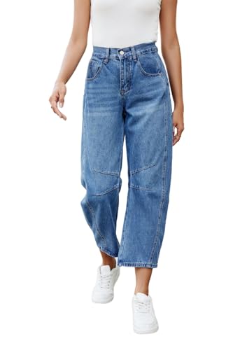 Allimy Womens Jeans High Waisted Mid Rise Baggy Loose Fit Ankle Barrel Leg Y2K Boyfriend Horseshoe Cropped Wide Leg Jeans for Women Trendy 2025 Denim Capri Pants Women Navy Blue Size 142