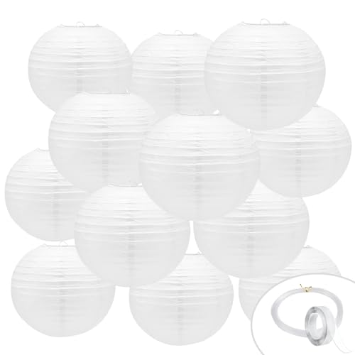 12Pcs White Paper Lanterns Decorative, 10Inch Round Chinese Lanterns for Birthday, Wedding, Christmas, Bridal, Home Decor, Party Decoration