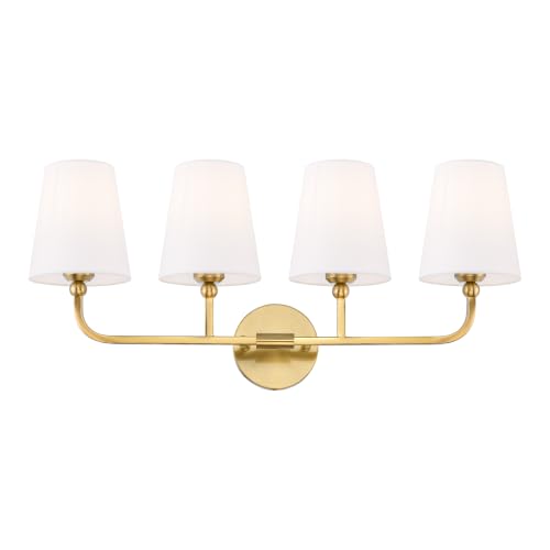 Image of 4-Light Brushed Gold Bathroom Vanity Light with White Fabric Shade | 28 Inch gold bathroom light fixture over mirror, UL listed, E26 bulbs, hardwired, upward only, VL837-BG-4K