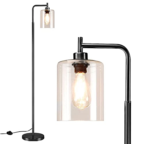 Depuley Lámpara de pie LED minimalista moderna, lámpara de pie negra de cristal y metal, E27, lámpara de pie con interruptor de pie, máx. 60 W, dormitorio, estudio (incluye bombilla) Cover