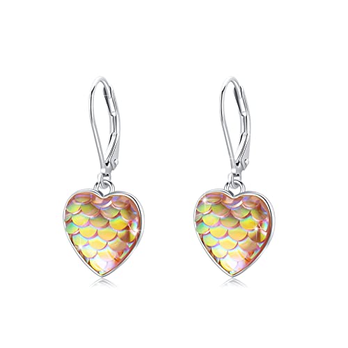 Pendientes de corazón colgantes en plata de ley 925 con diseño de sirena para niñas y mujeres