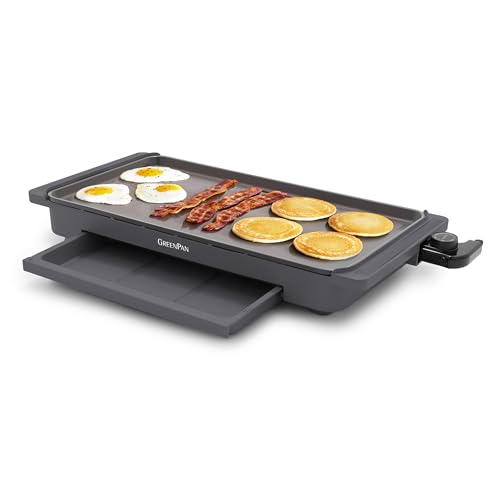 GreenPan Advanced 10.5”x 20” Electric Griddle with Warming Drawer, Healthy Ceramic Nonstick PFAS-Free Coating, Temperature Control, Easy and Versatile Countertop Meals, Dishwasher Safe, Graphite