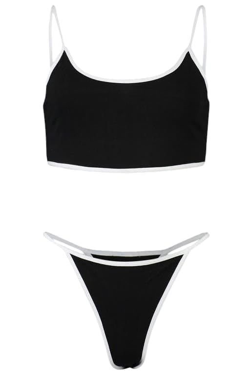 m.a.1 Women's Two-Piece Bikini Swimsuit, Black with White Trim, Spaghetti Straps, High-Cut Bottom-picture-31