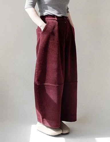 UANEO Womens Corduroy Pants Casual Relaxed Wide Leg Pleated Trousers Button Zipper Closure Pants with Pockets3