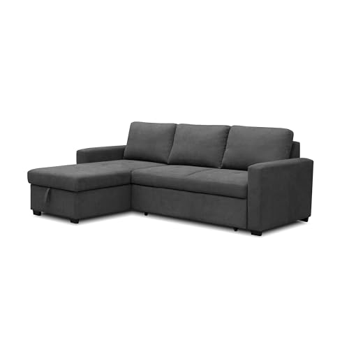 duehome | Sofá Cama 3 Plazas Reversible y con Almacenaje, Sofa con Chaiselong, Modelo Saira, Acabado en Tejido Gris, Medidas: 229 cm (Largo) x 93 cm (Alto) x 93-153 cm (Fondo)