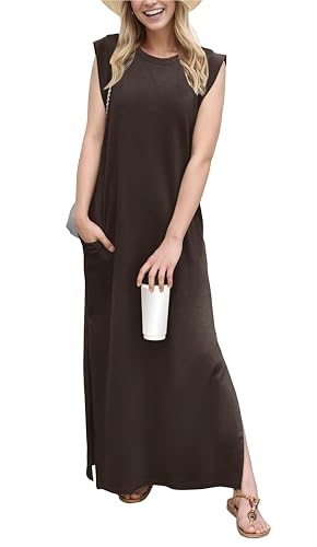 Image of GRECERELLE 2026 Women Year-Round Casual Round Neck Loose Split Wrinkle-Free Long Maxi Vacation Dress with Pockets (XXS-4XL)
