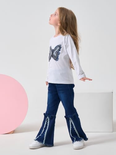 Image of Toddler Girl Clothes Long Sleeve Cartoon & Letter Graphic Top + Fruit Stationery Print Flared Leg Pants