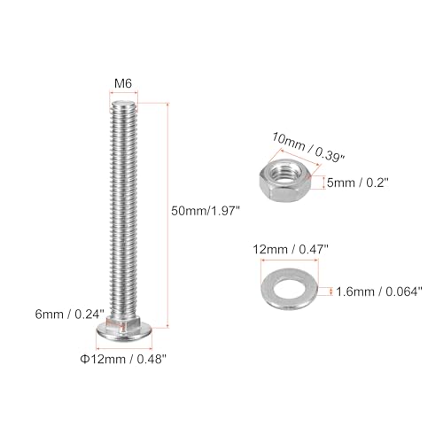 Image of uxcell M6x50mm Square Neck Carriage Bolts with Nuts & Washers, 24Set 304 Stainless Steel Round Head Square Neck Coach Bolt Screws, Silver Tone