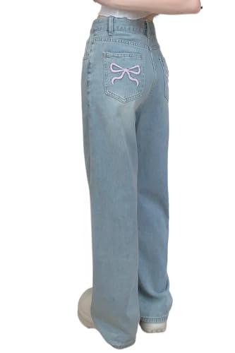 heyheyshine Womens Wide Leg Jeans Embroidered Printed Gothic Punk Long Length Denim Pants Y2k Loose Casual Jeans Streetwear