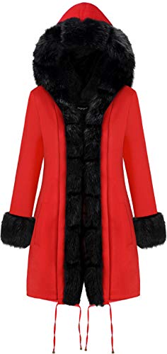 QZUnique Women Thicken Warm Winter Coat Faux Fur Hood Cuff Parka Overcoat Long Jacket Fluffy Cardigan Outwear