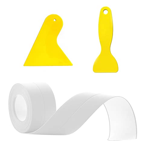 1 rollo de tira de calafateo (38 mm * 3,2 m) y 2 raspadores, cinta de sellado de tira de calafateo autoadhesiva blanca impermeable, adecuada para cocina, baño, piso, con herramienta de sellado